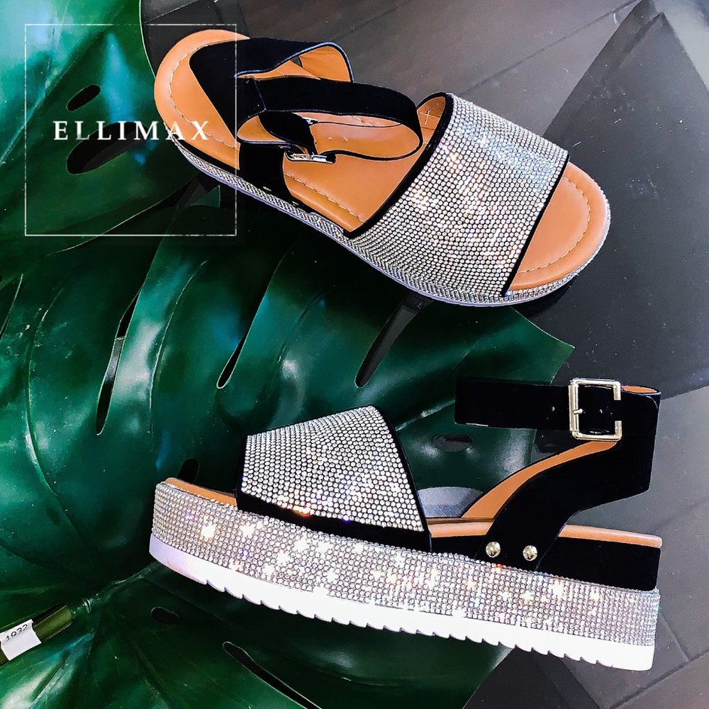 NEW Bling Silver Rhinestone Peep Toe Flat Platform Wedge Heel Sandal Ankle Strap - Picture 5 of 12
